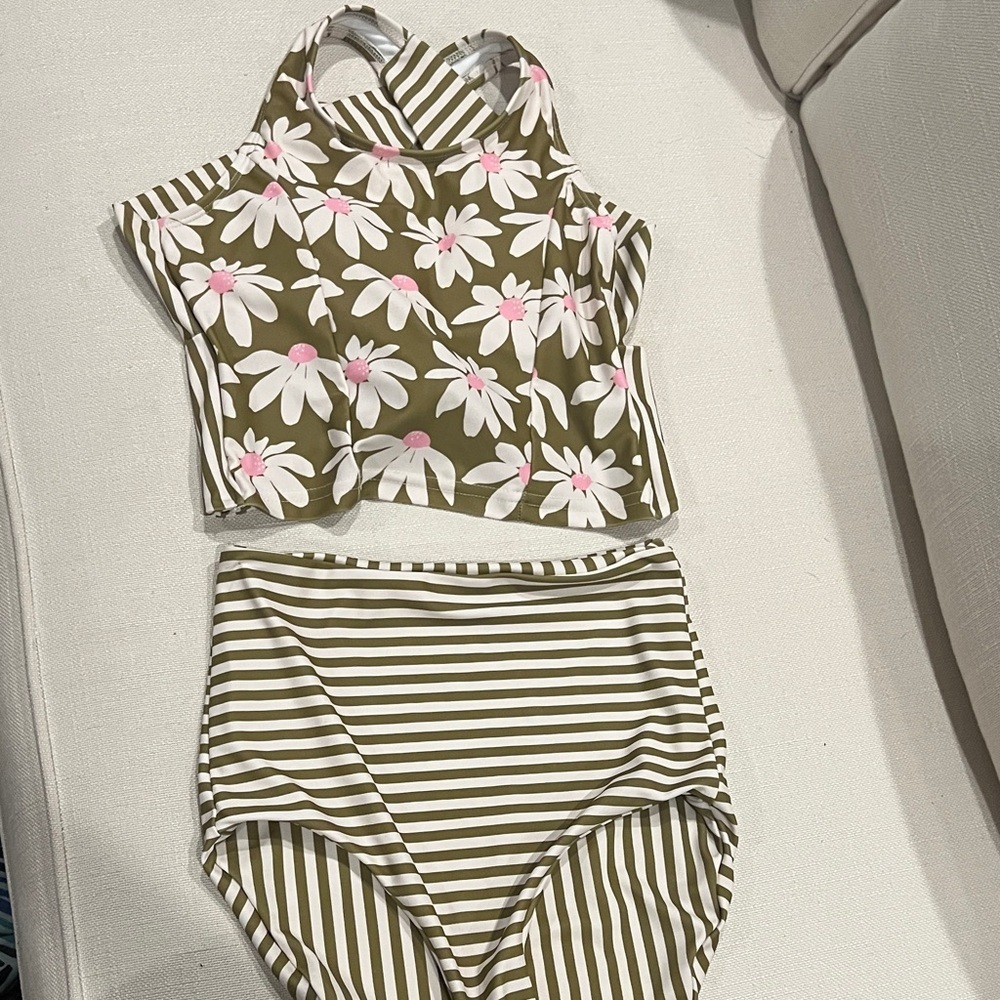 Lime Ricki olive and pink floral Striped Bikini Set size XS